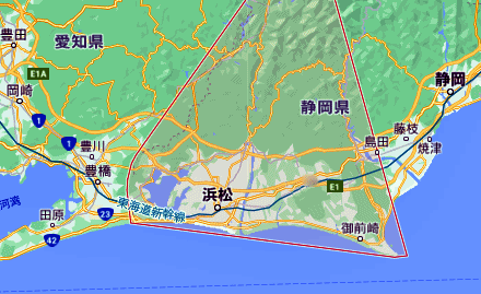 浜松市、磐田市、袋井市、掛川市、菊川市、湖西市の地図